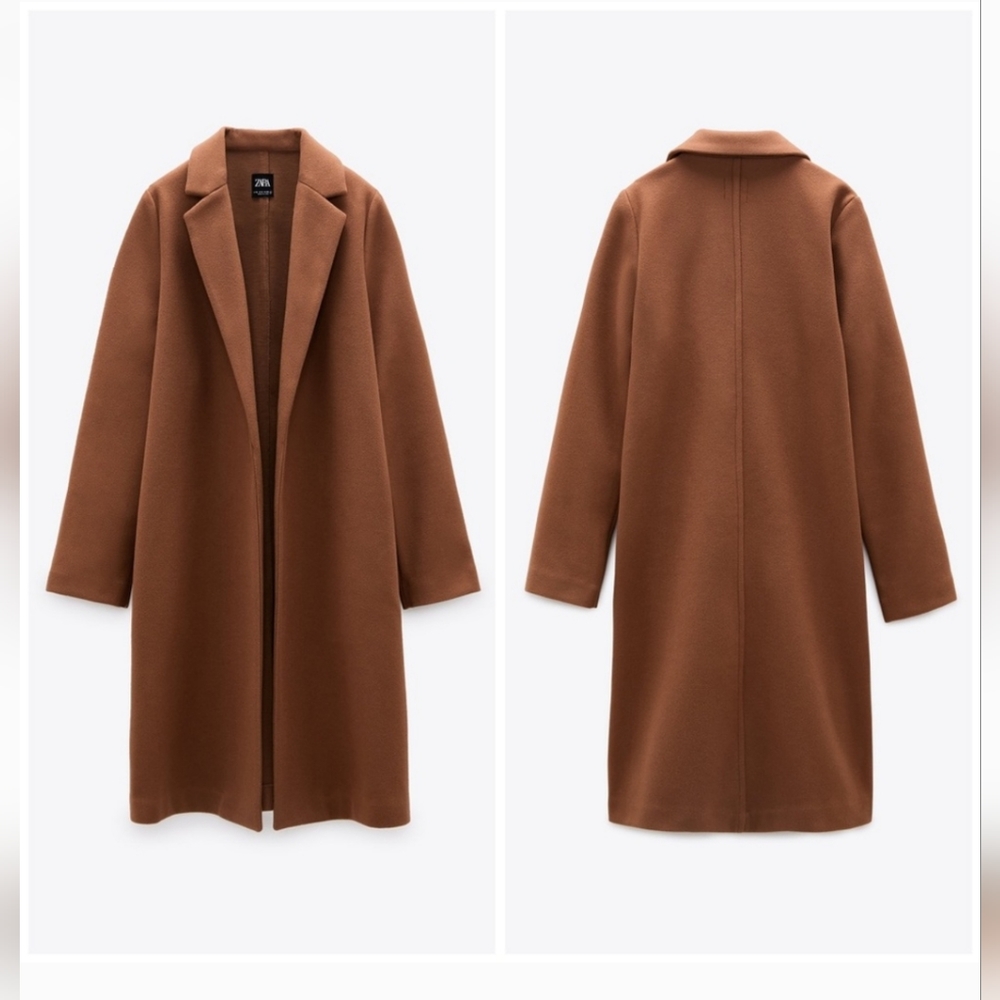 Zara Coat with Lapel Collar and Long Sleeves Mid Camel